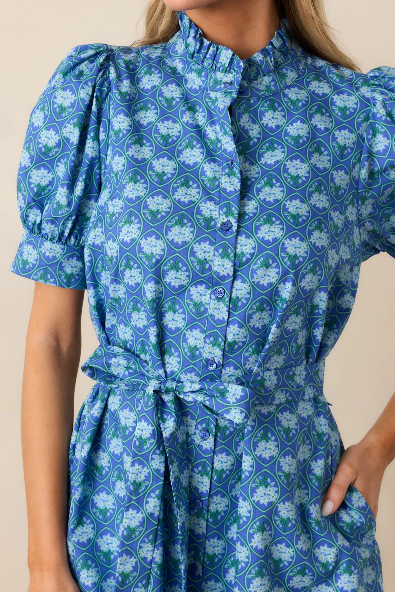 Orchid Waters Cotton Blue Floral Button Front Midi Dress