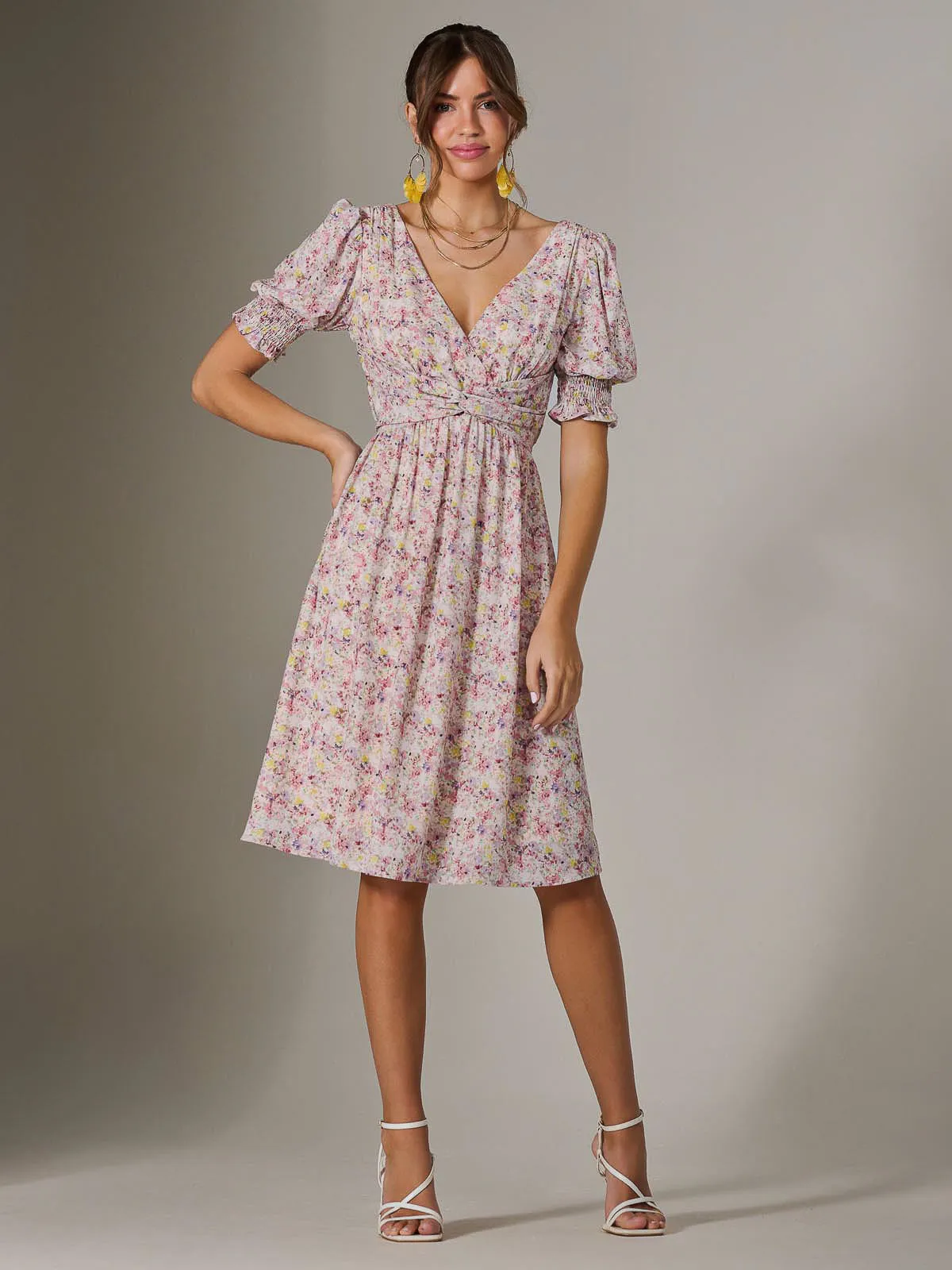 Puff Sleeve Midi Dress, Pink Floral
