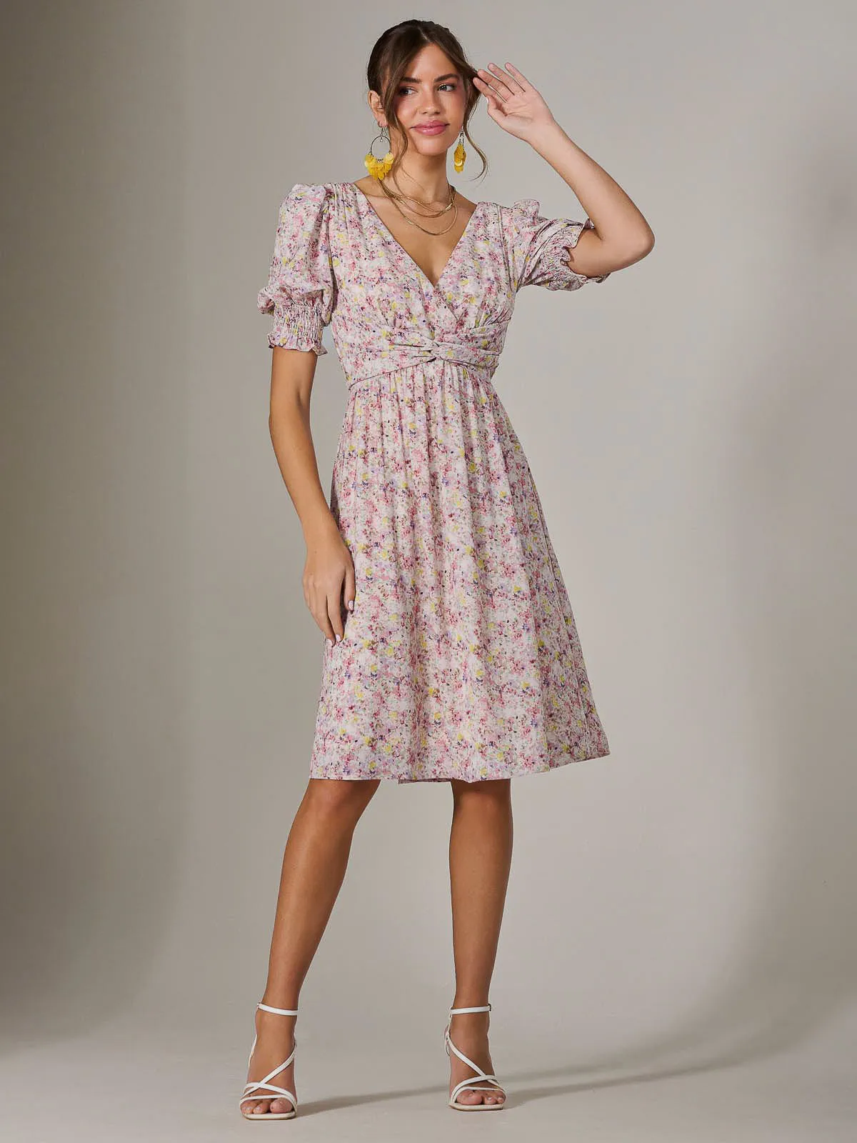 Puff Sleeve Midi Dress, Pink Floral