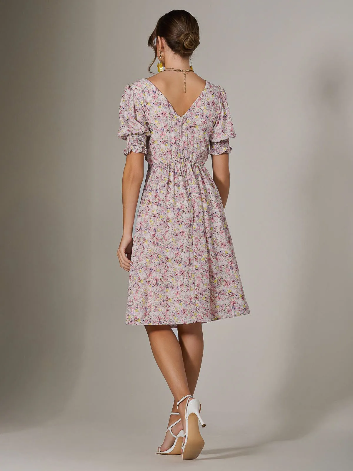 Puff Sleeve Midi Dress, Pink Floral