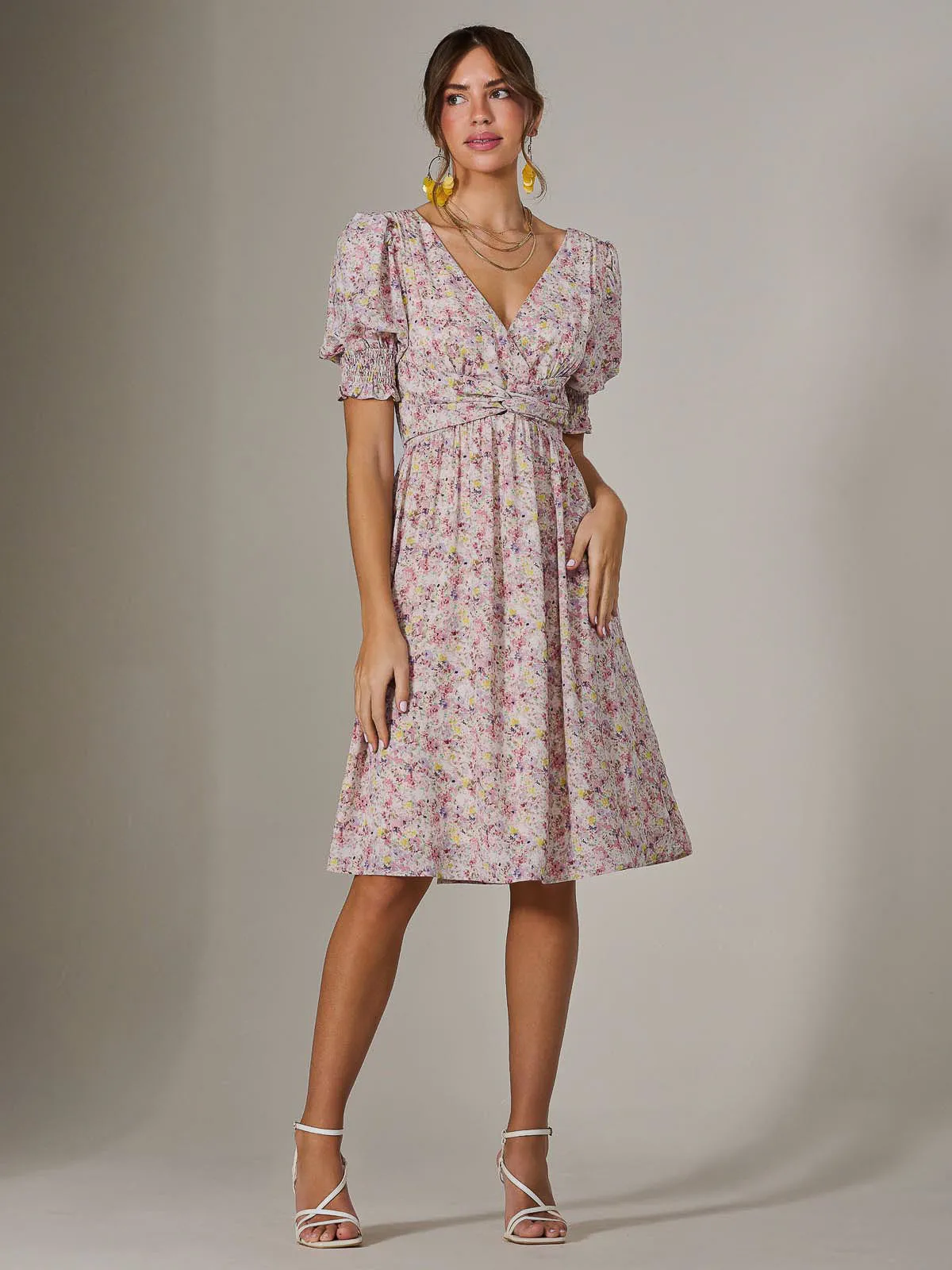 Puff Sleeve Midi Dress, Pink Floral