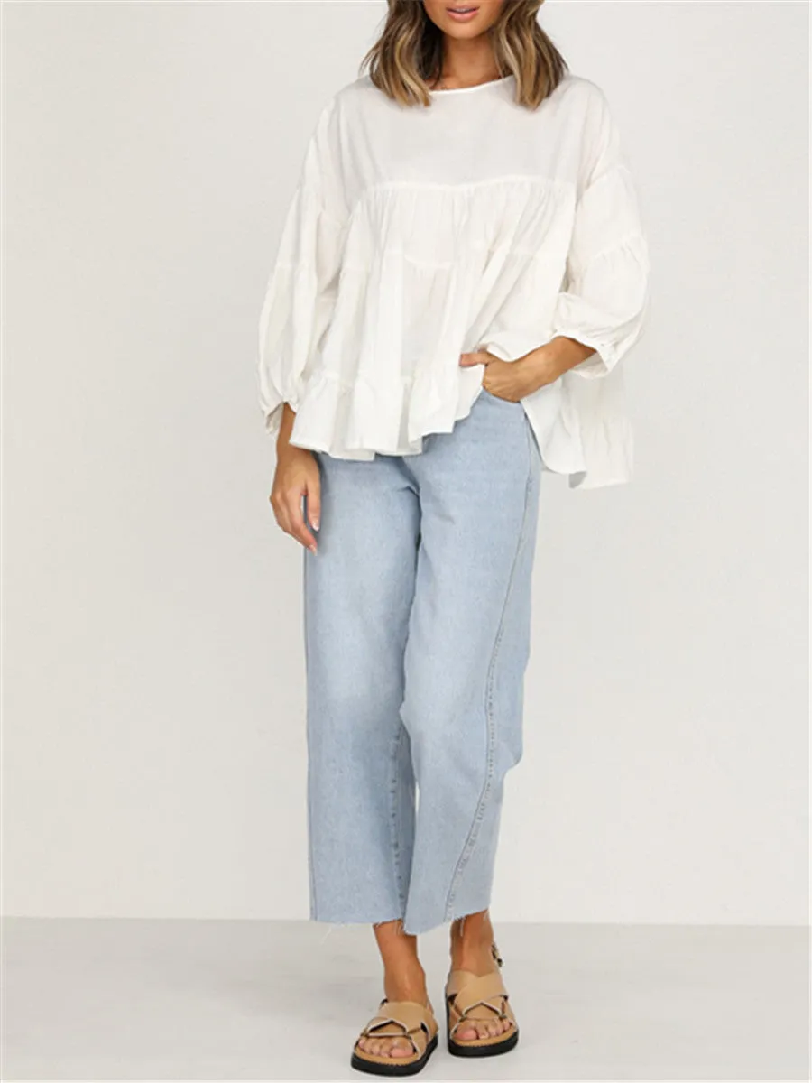 Round Neck Long-sleeved Ruffled Shirt