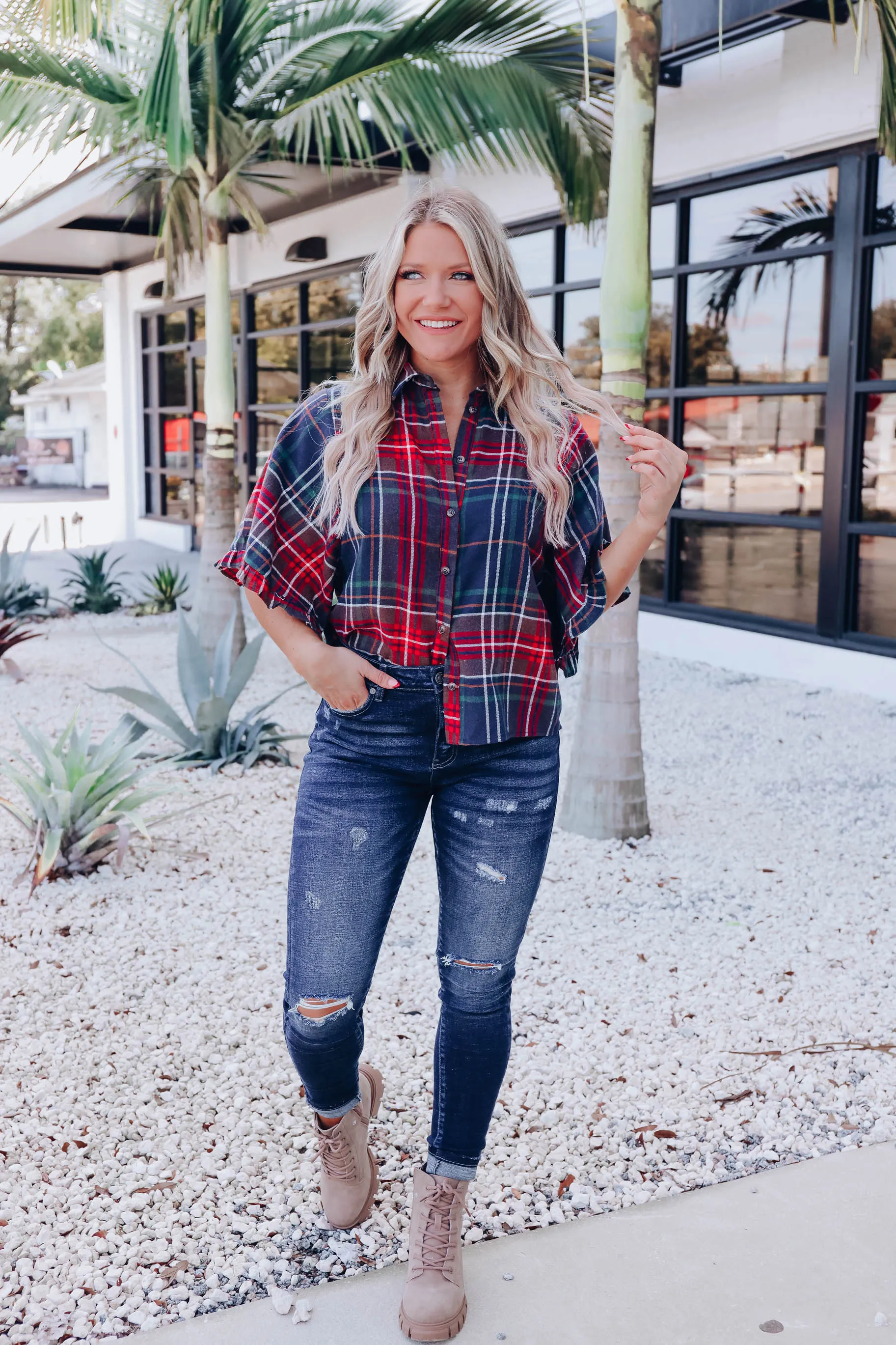 Rowan Plaid Top - Navy