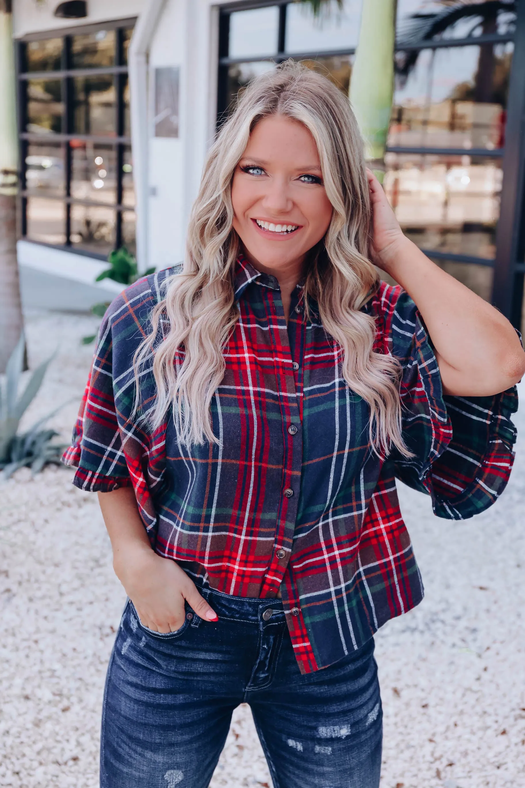 Rowan Plaid Top - Navy