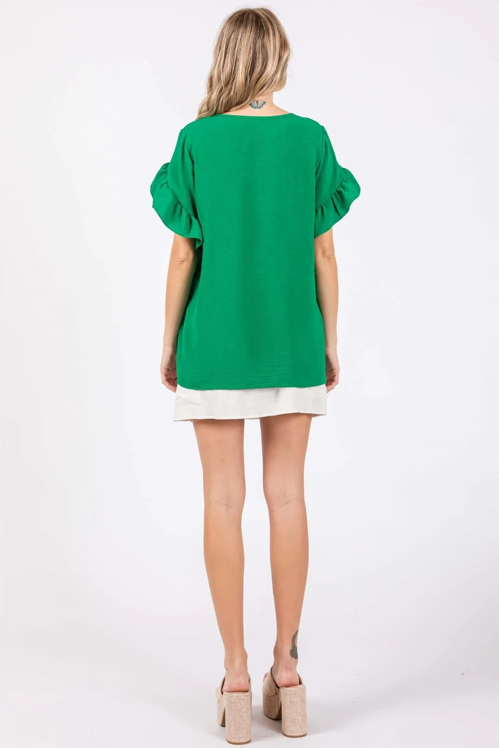 Ruffled Short Sleeve V-Neck Blouse