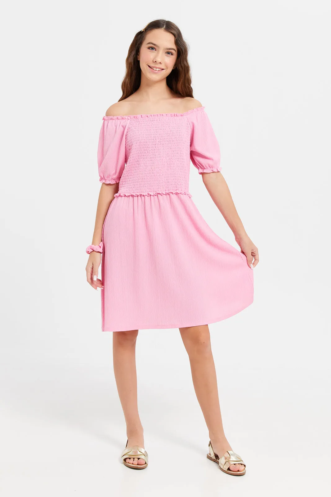Senior Girls Pink Smocking Jacquard Dress