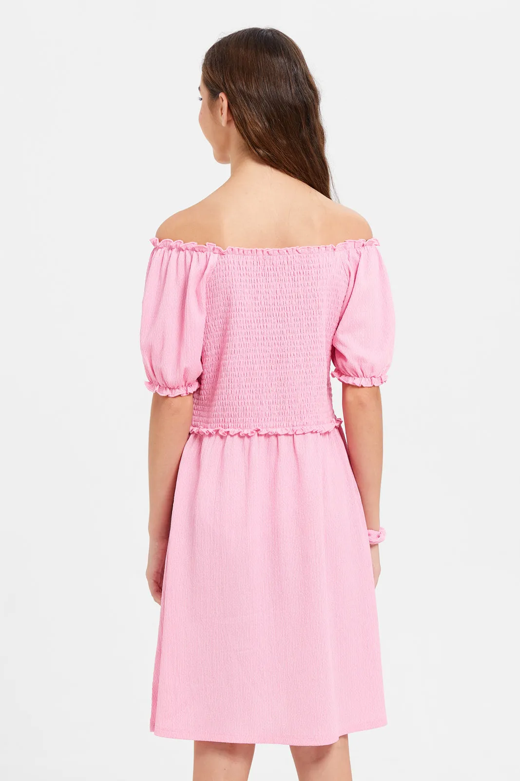 Senior Girls Pink Smocking Jacquard Dress