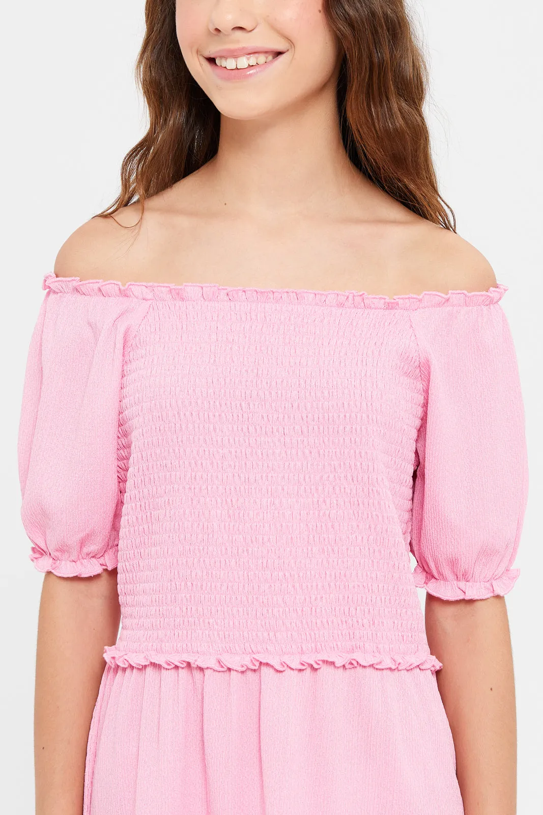 Senior Girls Pink Smocking Jacquard Dress