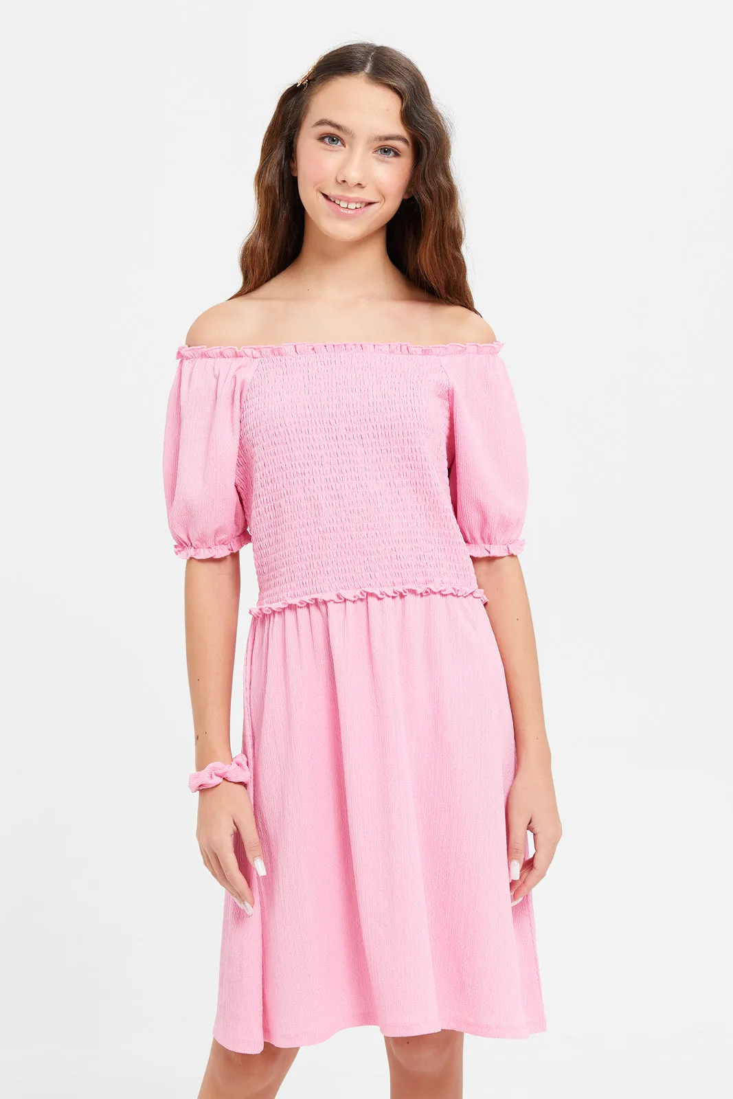 Senior Girls Pink Smocking Jacquard Dress