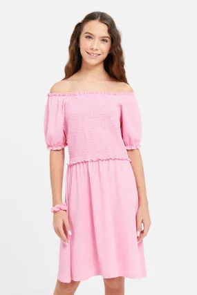 Senior Girls Pink Smocking Jacquard Dress