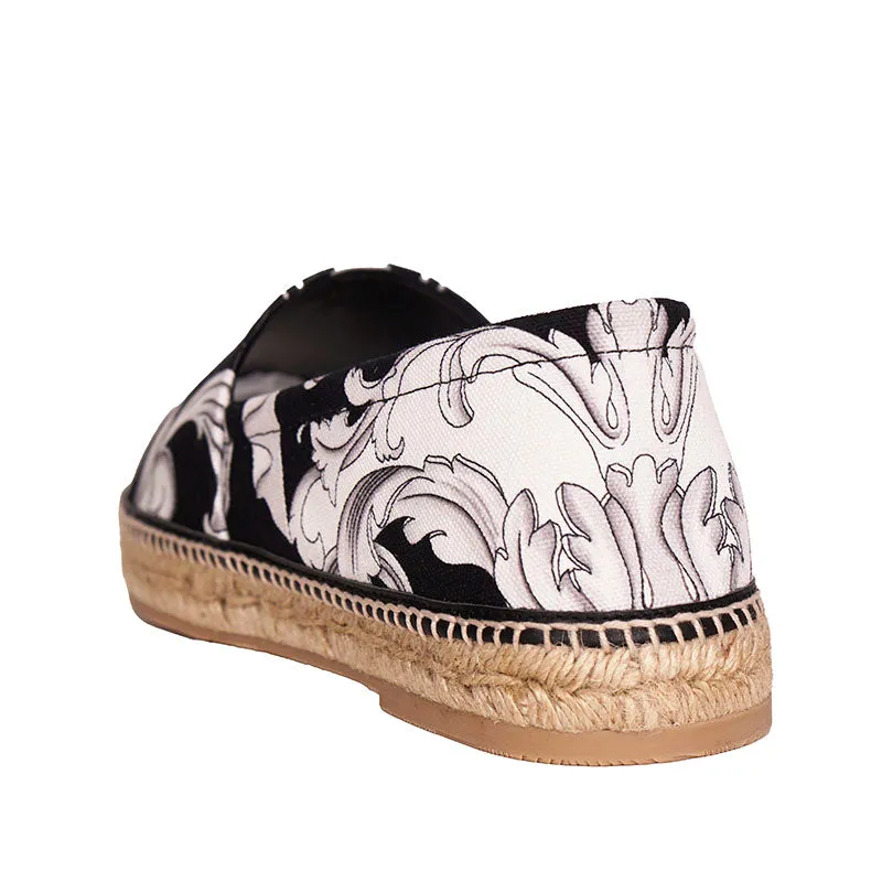 SZ 42, 43.5, 44 NEW $550 VERSACE Men's Black White BAROQUE PRINT Espadrilles FLATS
