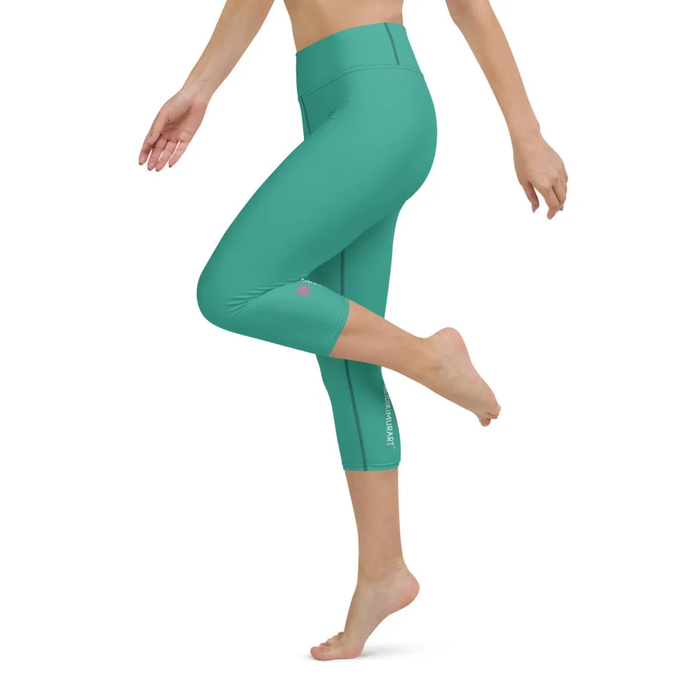 Turquoise Women's Yoga Capri Leggings, Solid Color Blue Women's Capris Tights-Made in USA/EU/MX