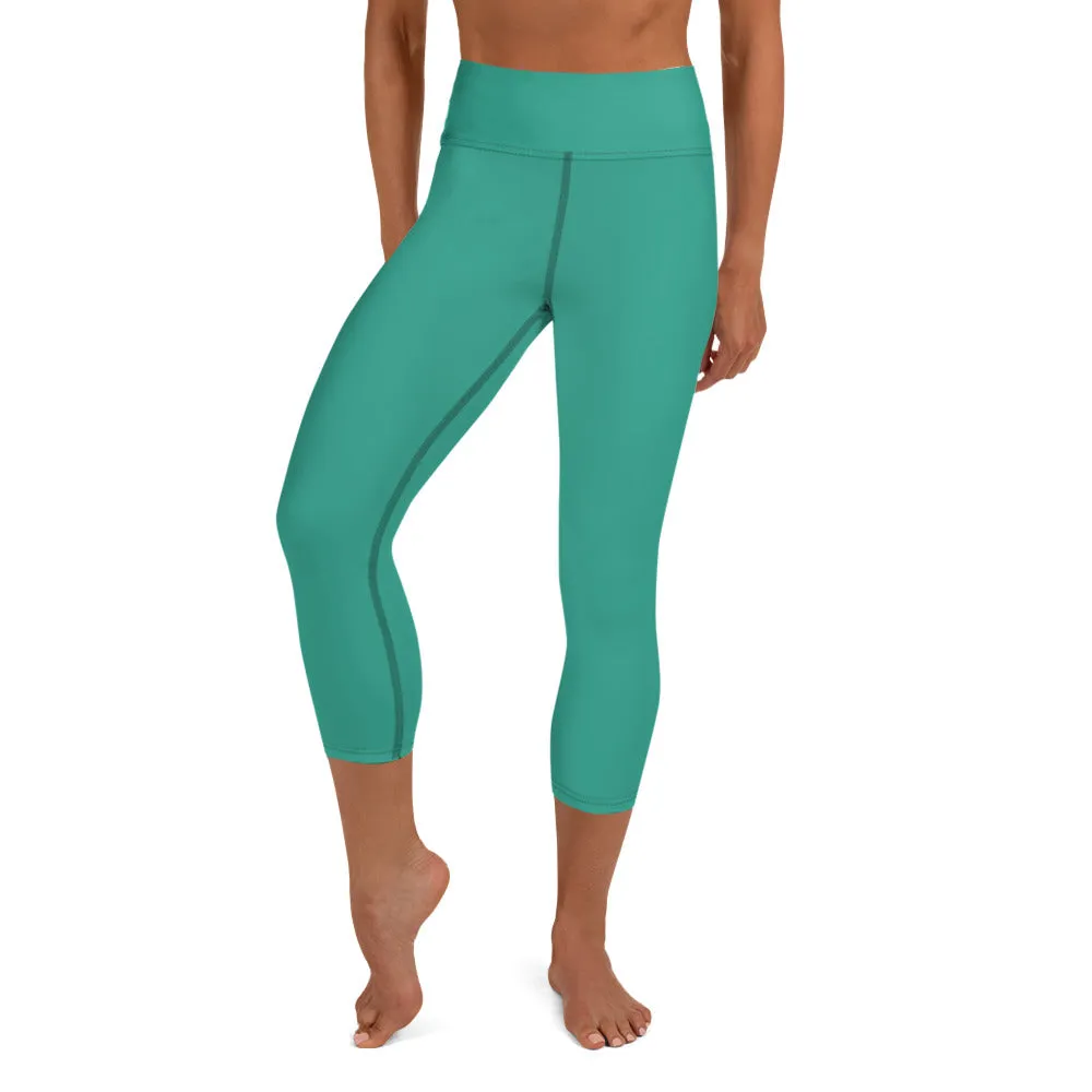 Turquoise Women's Yoga Capri Leggings, Solid Color Blue Women's Capris Tights-Made in USA/EU/MX
