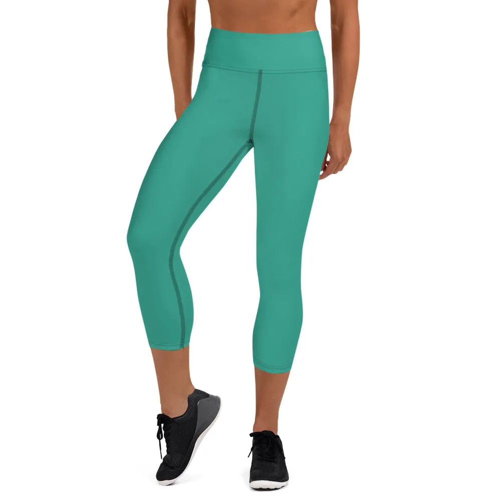 Turquoise Women's Yoga Capri Leggings, Solid Color Blue Women's Capris Tights-Made in USA/EU/MX