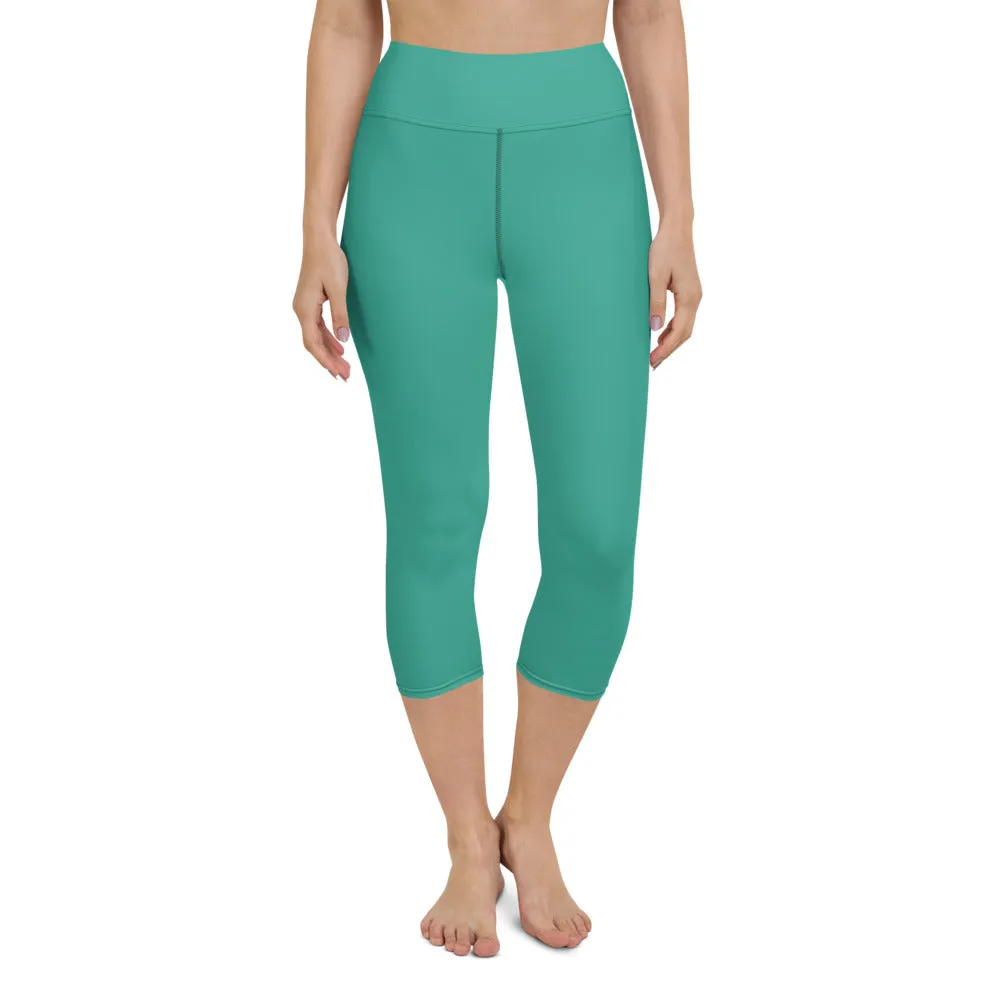 Turquoise Women's Yoga Capri Leggings, Solid Color Blue Women's Capris Tights-Made in USA/EU/MX