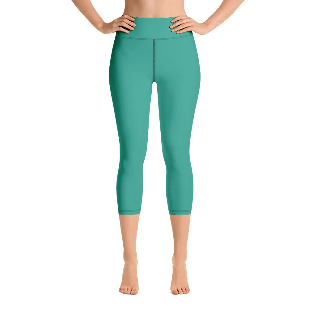Turquoise Women's Yoga Capri Leggings, Solid Color Blue Women's Capris Tights-Made in USA/EU/MX