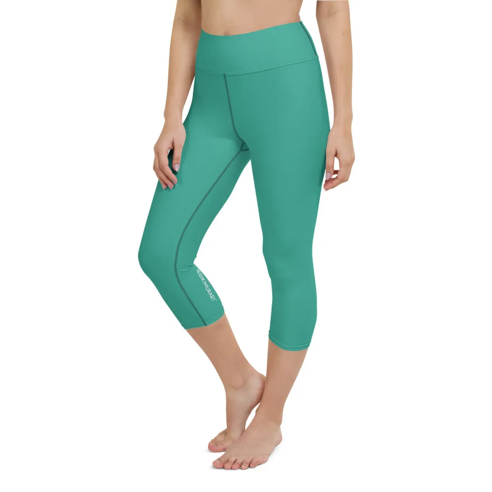 Turquoise Women's Yoga Capri Leggings, Solid Color Blue Women's Capris Tights-Made in USA/EU/MX