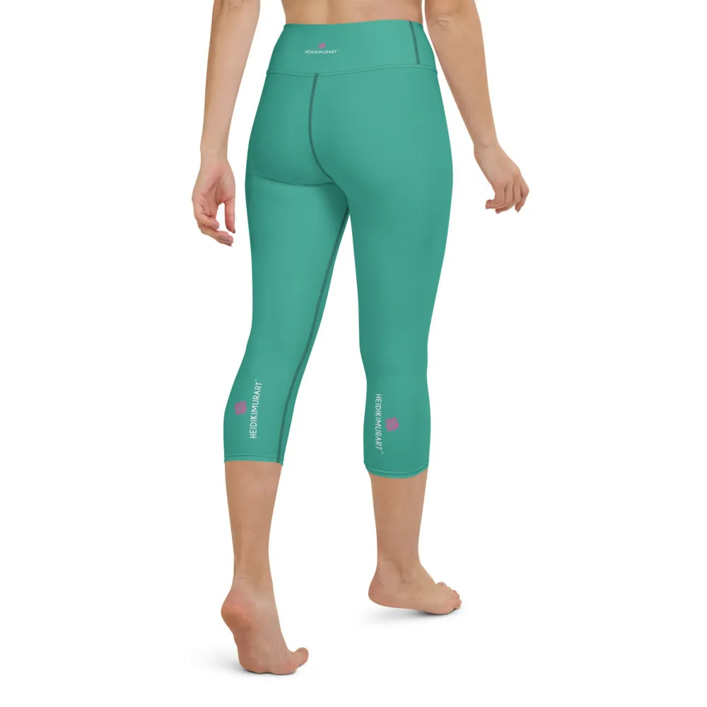 Turquoise Women's Yoga Capri Leggings, Solid Color Blue Women's Capris Tights-Made in USA/EU/MX
