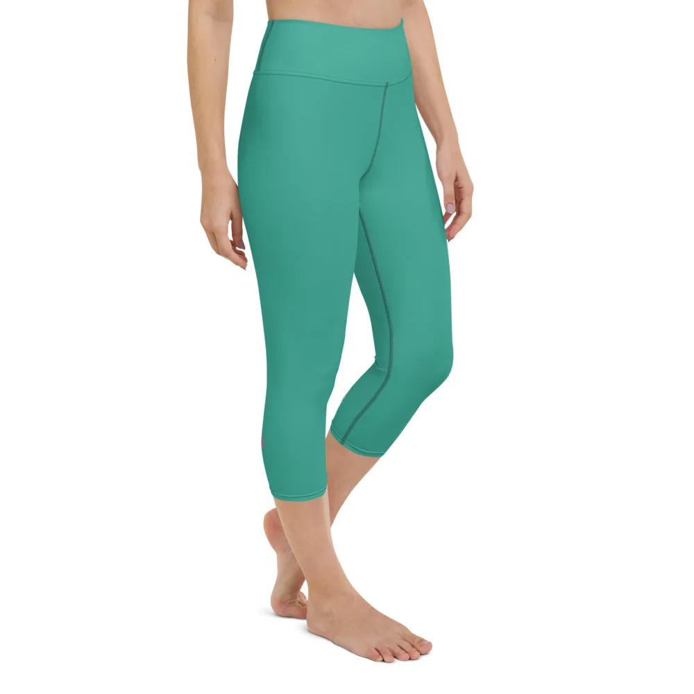 Turquoise Women's Yoga Capri Leggings, Solid Color Blue Women's Capris Tights-Made in USA/EU/MX