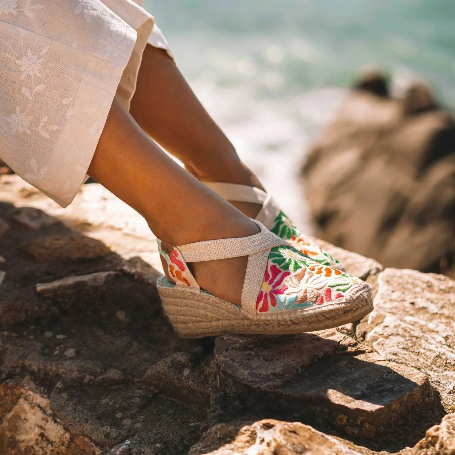 Vegan Multicolored Embroidery Wedges Espadrille For Women - Montjoi