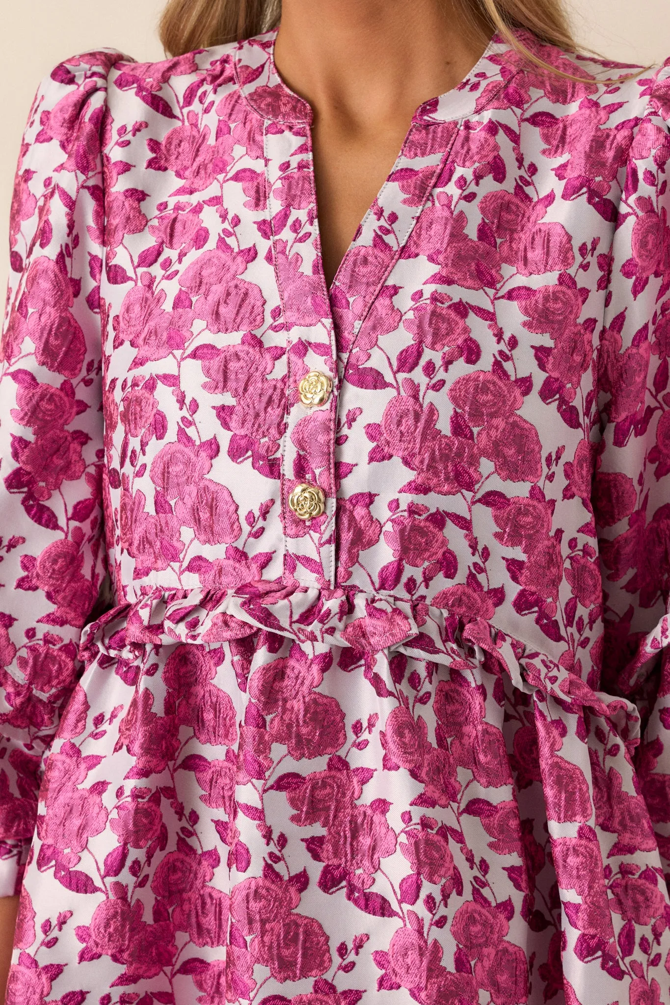 Waves of Roses Pink Floral Puff Sleeve Mini Dress