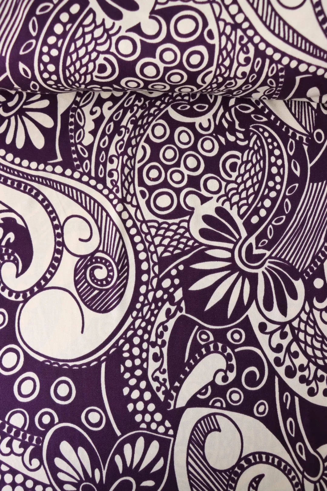 Whimsical Cream Art on Eggplant 100% Silk Jersey
