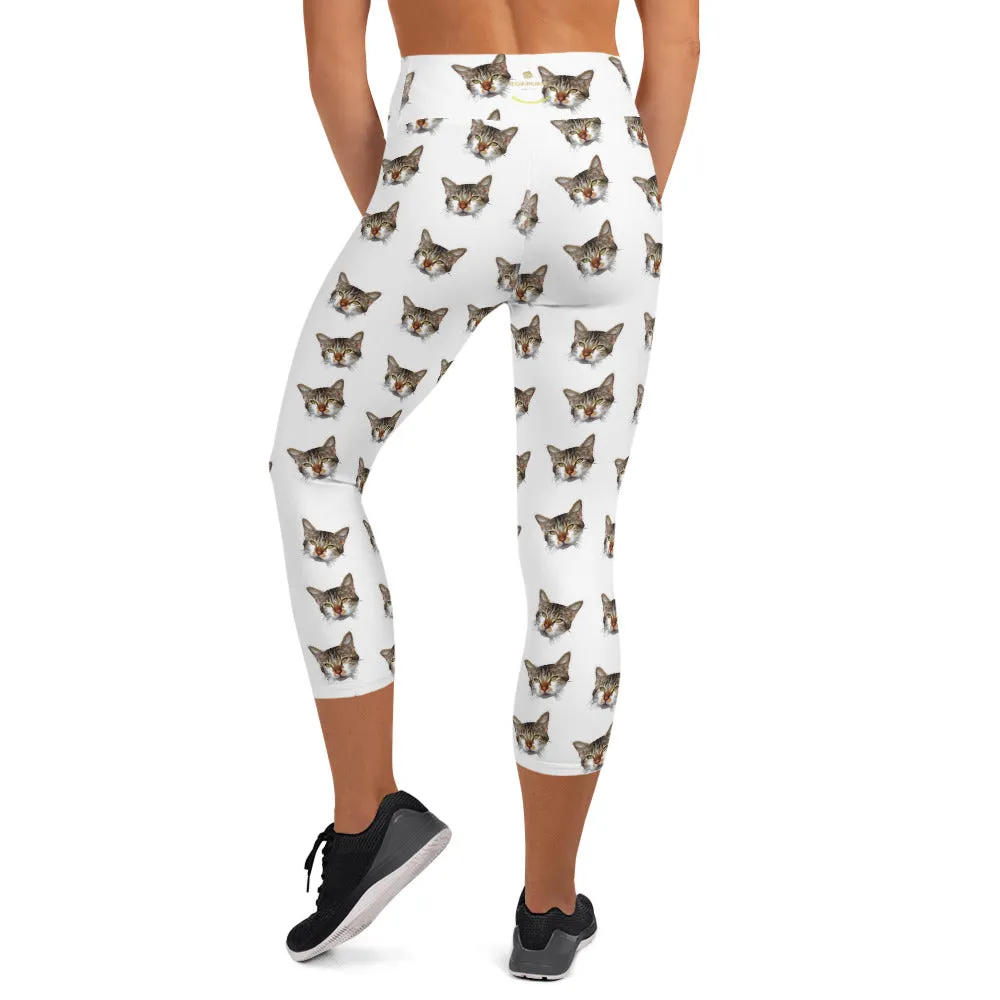White Cat Yoga Capri Leggings, Peanut Meow Cat Women's Yoga Capri Tights-Made in USA/EU