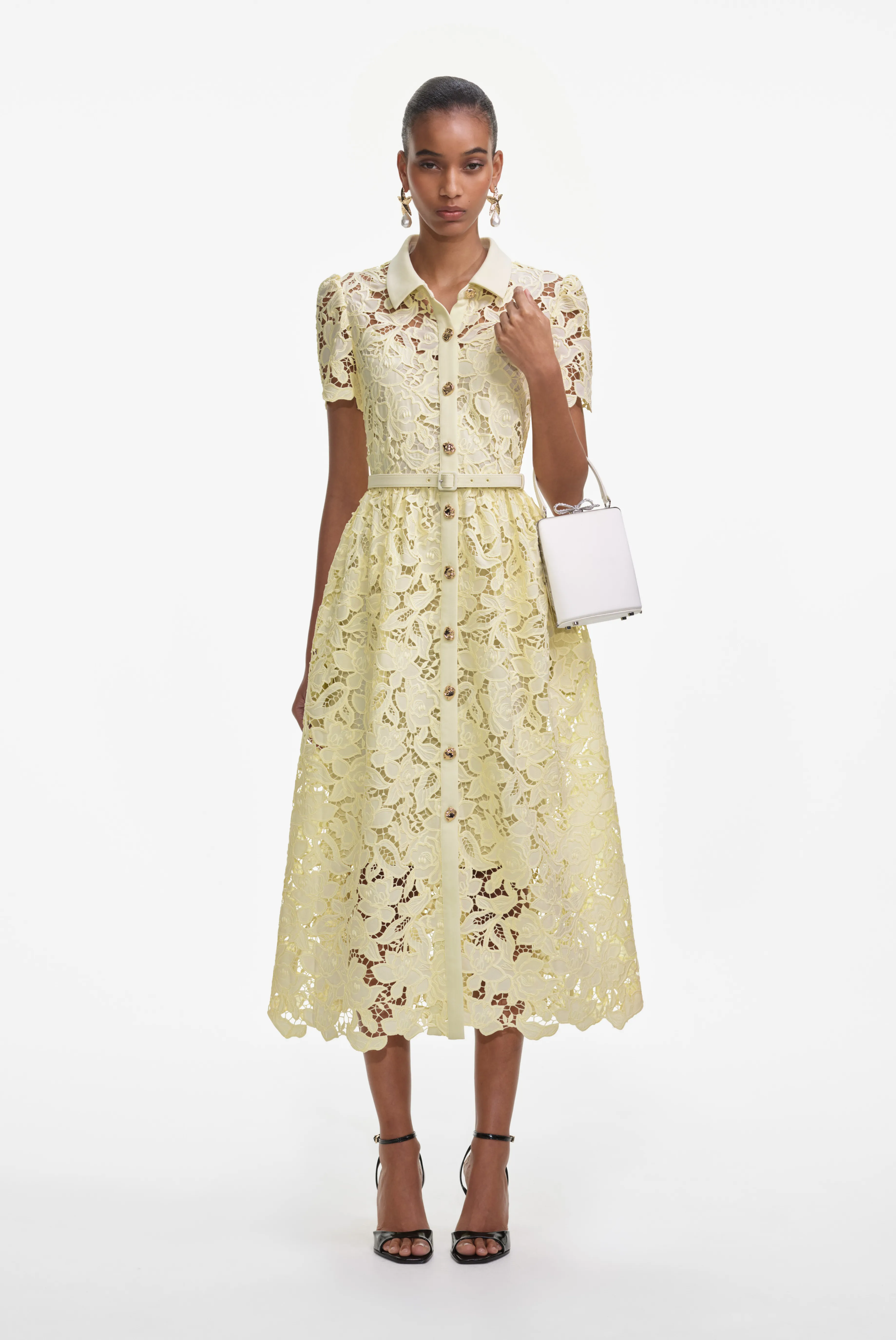 Yellow Lace Collared Midi Dress